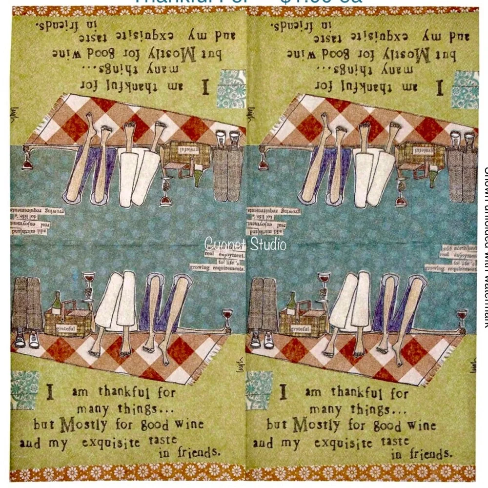 Tow (2) Individual “Thankful for Good Wine” Decoupage Cocktail Napkins
